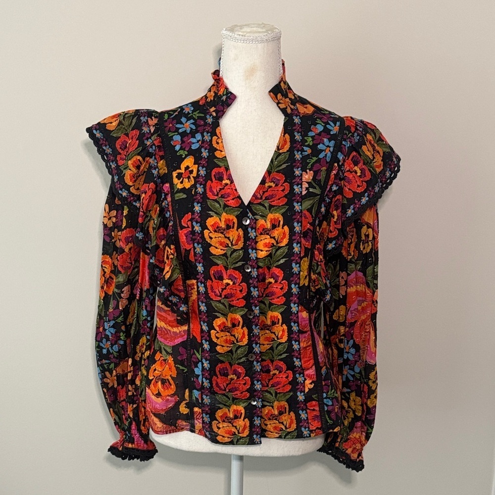Farm Rio Spring Floral Banana Cotton Blouse  Size Small